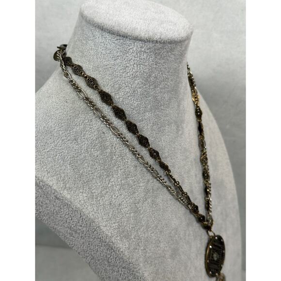 Chicos Necklace Pendant Y Drop Medallion Shell Layered Tassel Charm Bronze Tone - Picture 7 of 12